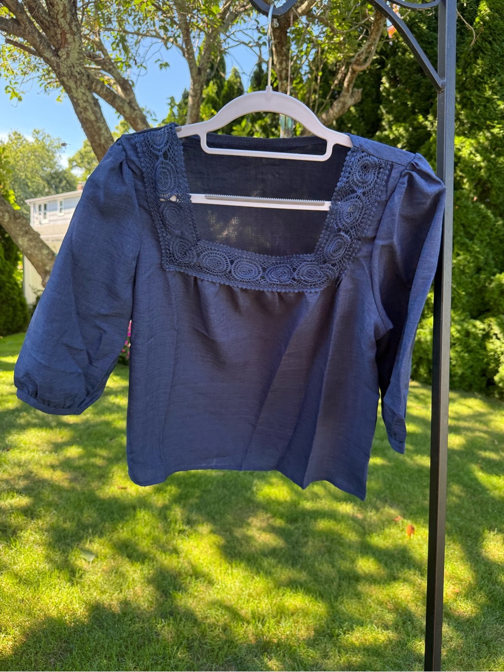 Girls' Navy Square-Neck Crochet Trim Blouse